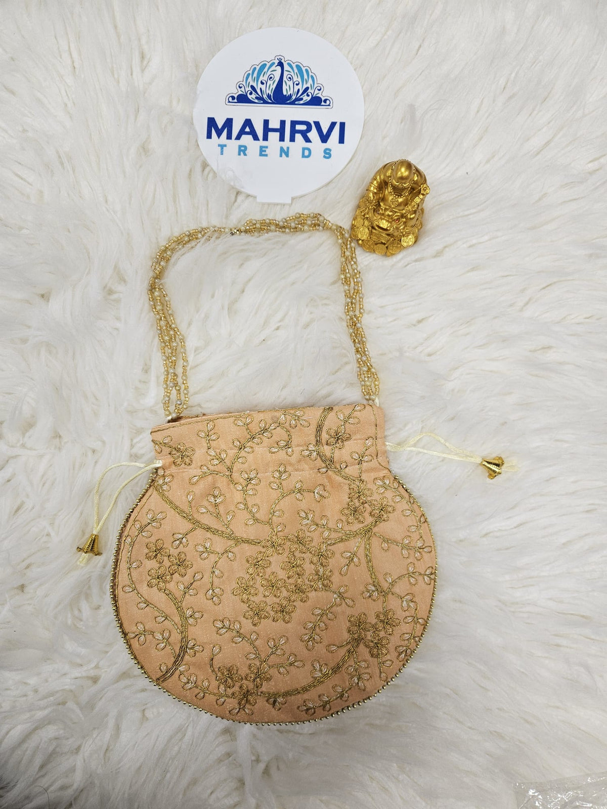 Floral Embroidered Satin Potli Bag with Pearl Handle