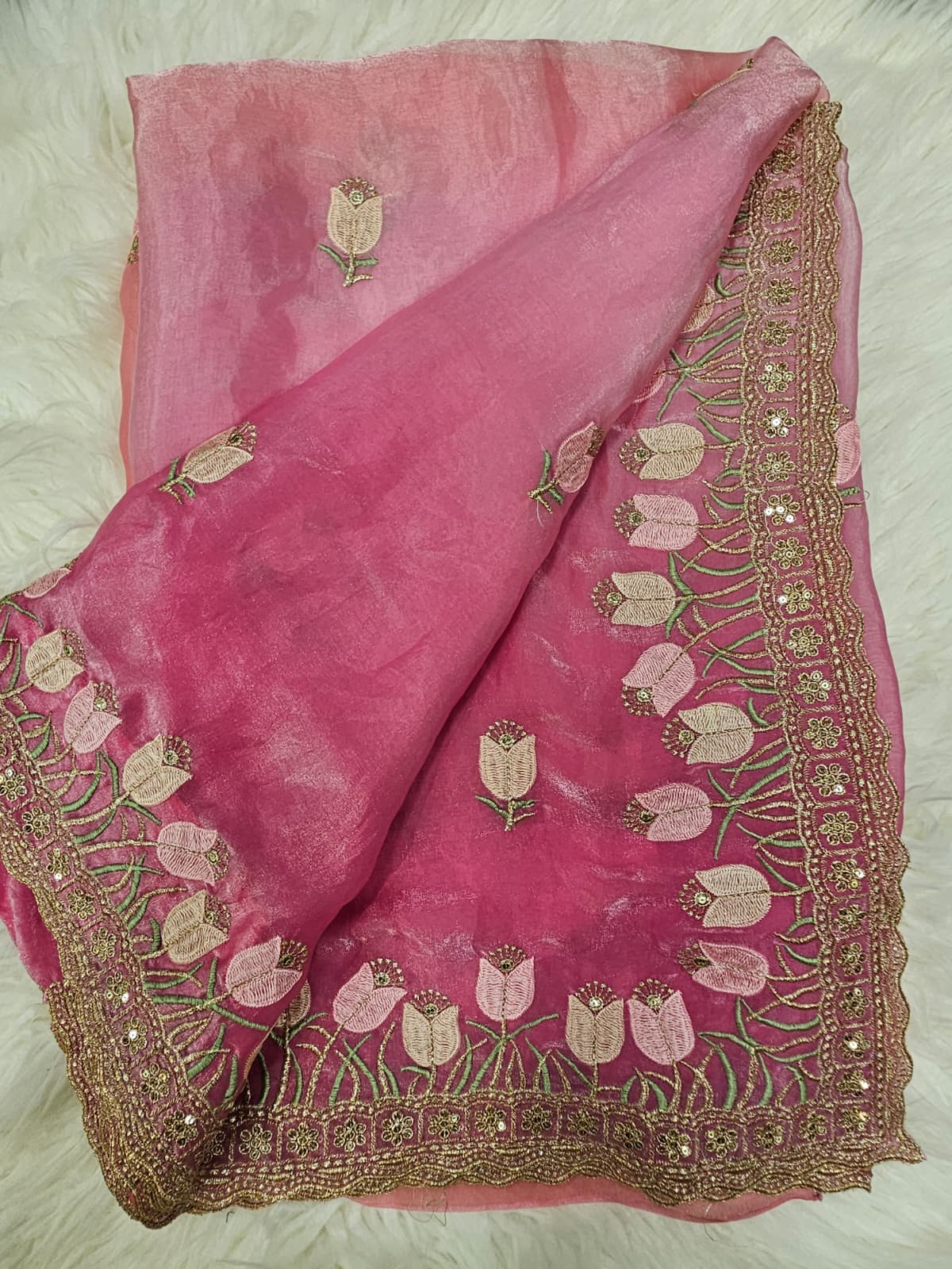 Pink Embroidered Designer Blouse with Floral Organza Saree – Elegant Party Wear Saree Set
