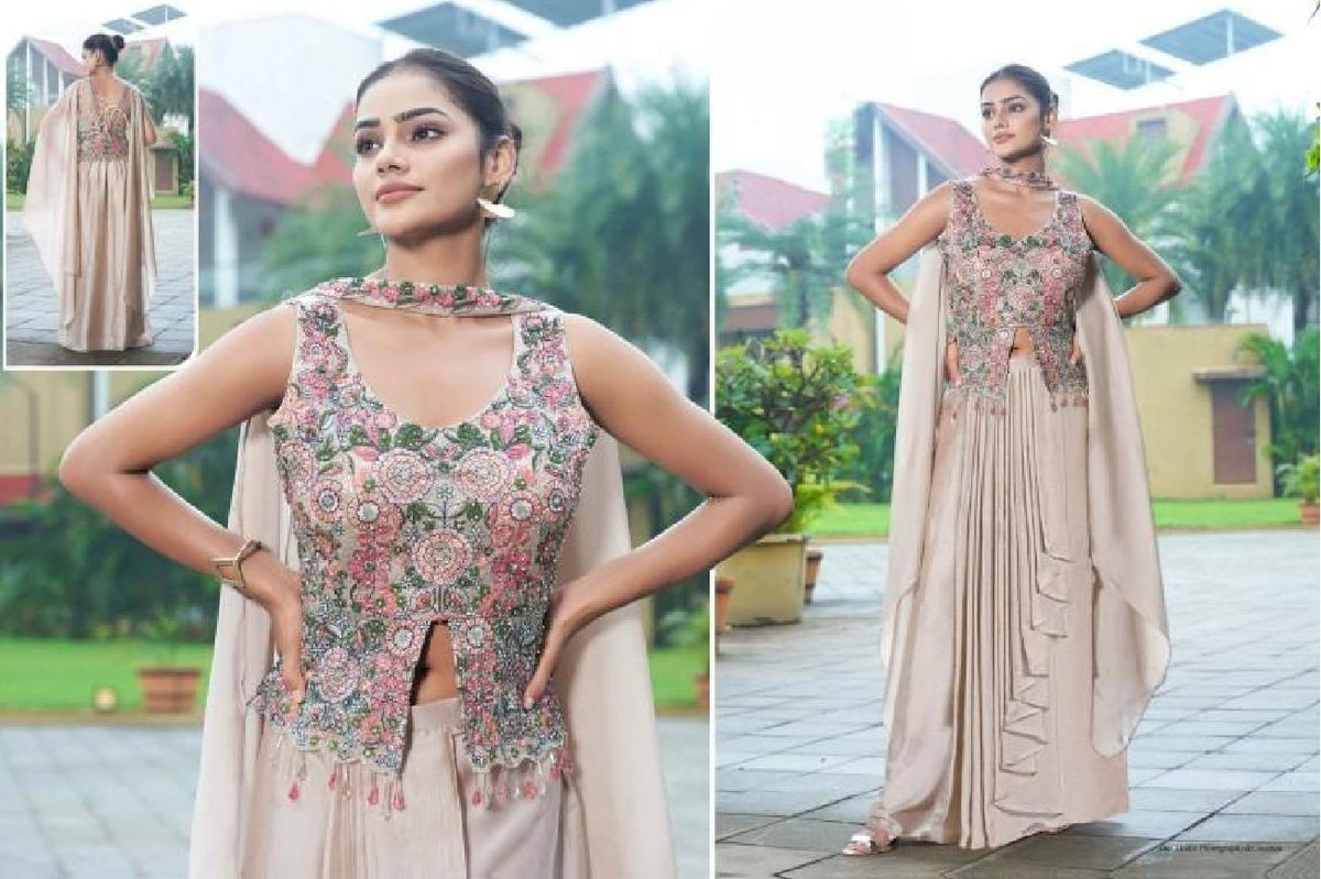 Champagne Beige Floral Embroidered Indo-Western Outfit