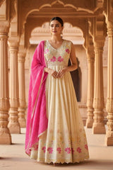 Ivory Floral Embroidered Anarkali Gown with Pink Dupatta