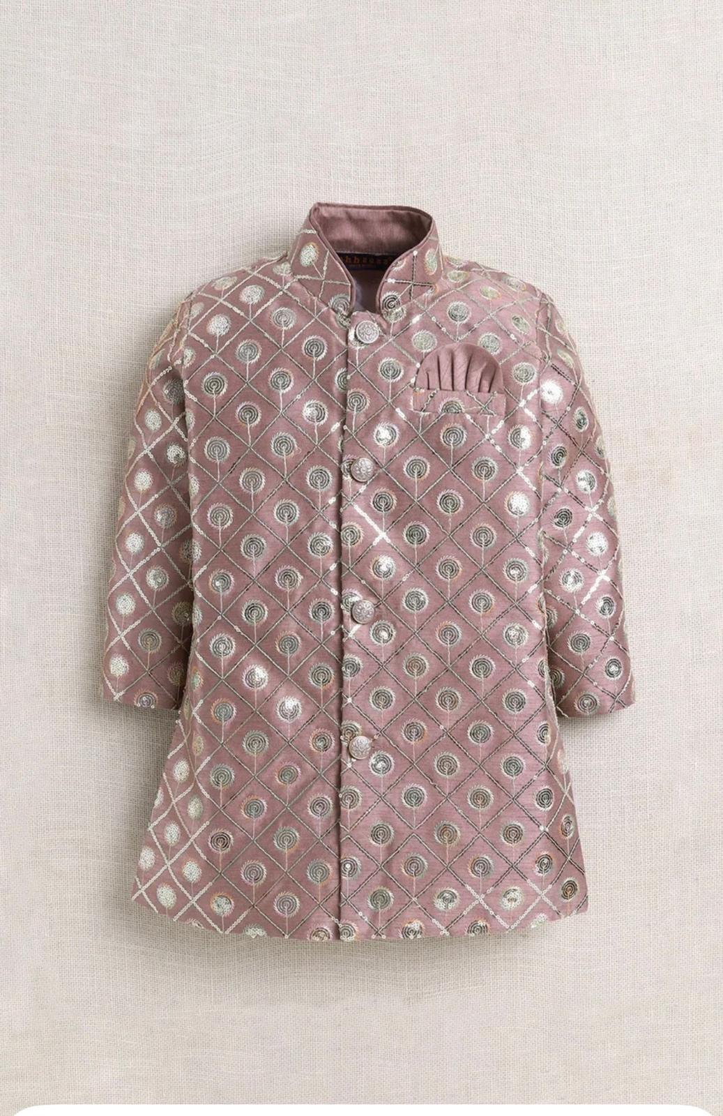 Kids’ Multicolor Embroidered Sherwani Set – Dusty Rose & Mustard Yellow