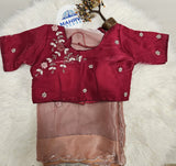 Wine Embroidered Designer Blouse with Blush Organza Saree – Elegant Party Wear Saree Set