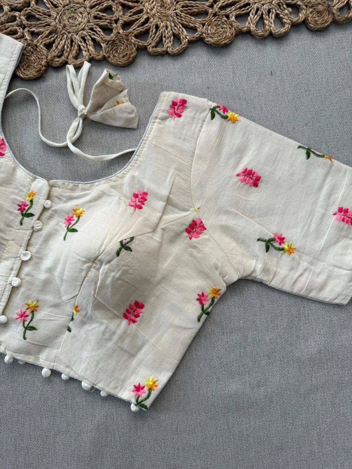 Cotton Saree with Multicolor Floral Embroidered Blouse – Mahrvi Trends