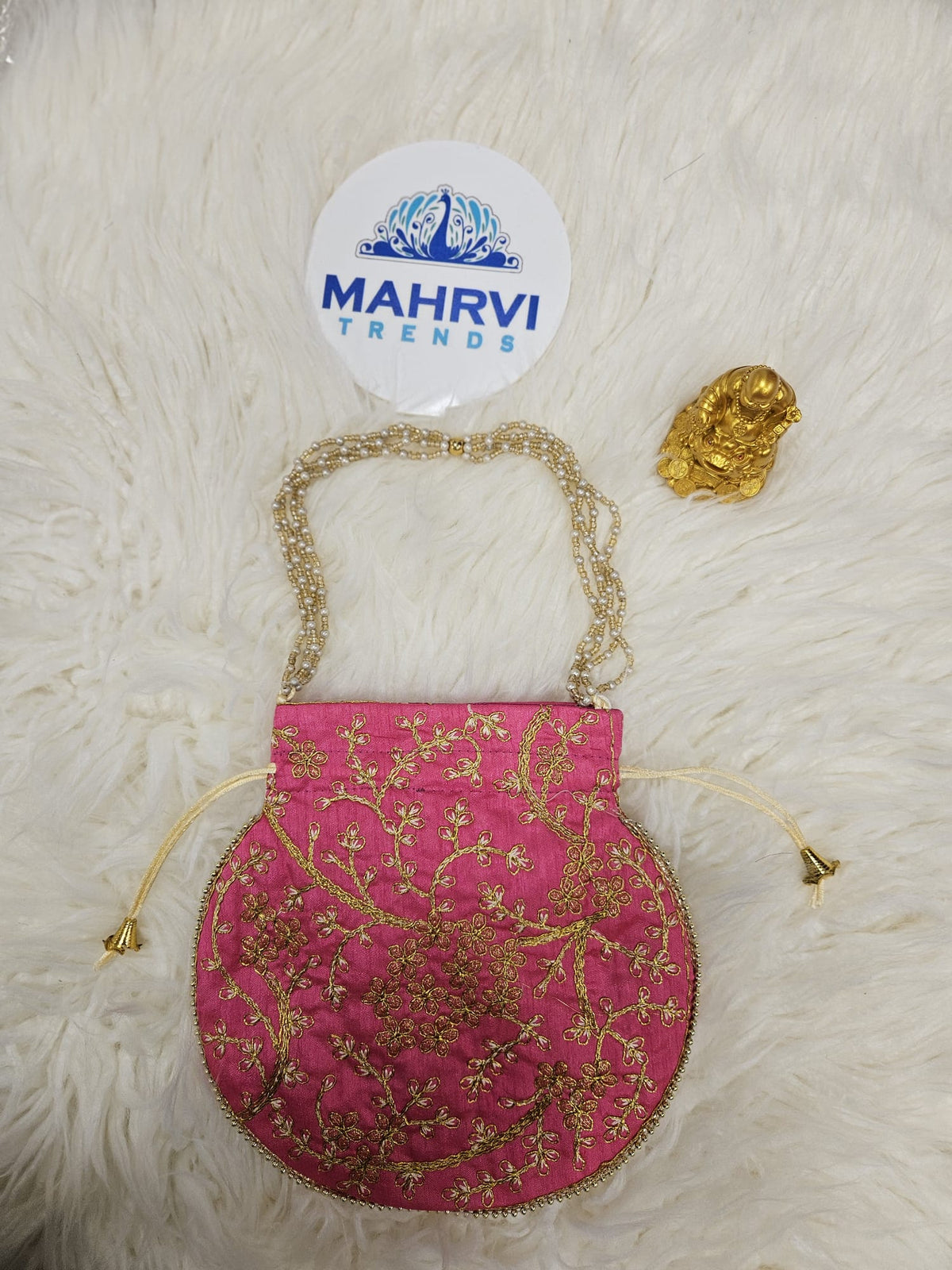 Floral Embroidered Satin Potli Bag with Pearl Handle