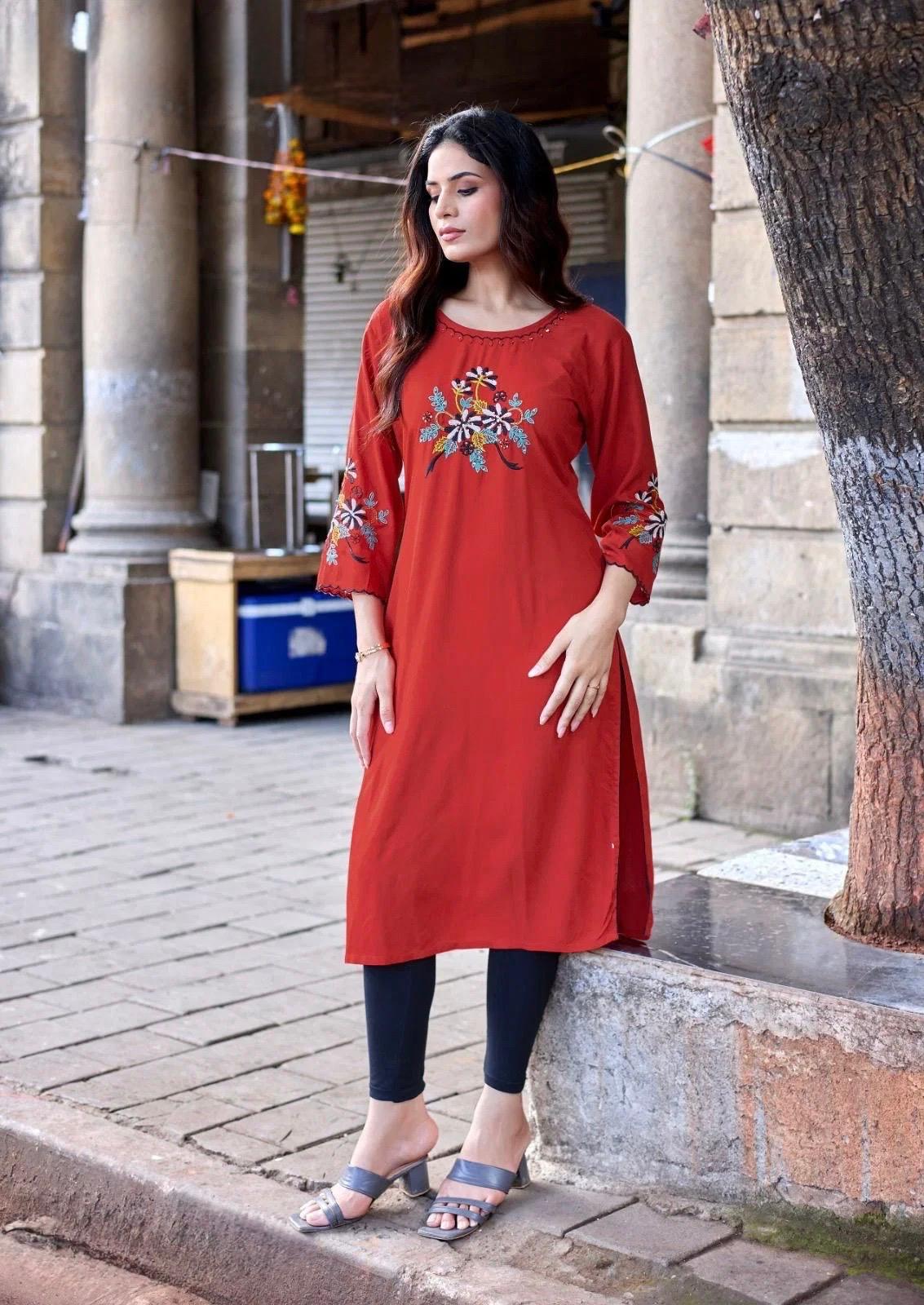 Women’s Embroidered Straight Kurti – Multiple Colors