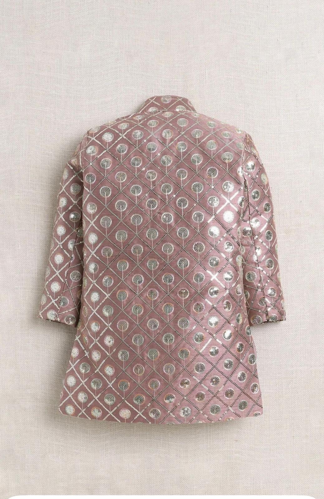 Kids’ Multicolor Embroidered Sherwani Set – Dusty Rose & Mustard Yellow
