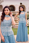 Dusty Blue Embroidered Peplum Top with Wide-Leg Palazzo Pants