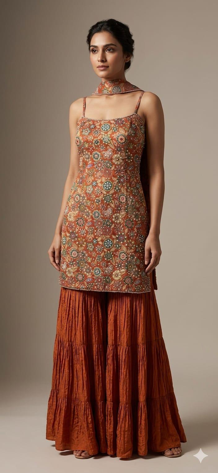 Rust Orange Printed Kurta with Tiered Skirt and Necklace-Style Dupatta Set