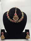Pink & Green Kundan Necklace Set with Earrings & Maang Tikka