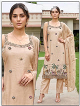 Beige Embroidered Straight Kurta Set with Pants and Dupatta