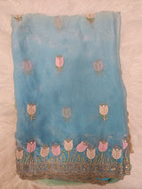 Sky Blue Embroidered Designer Blouse with Floral Organza Saree – Elegant Party Wear Saree Set