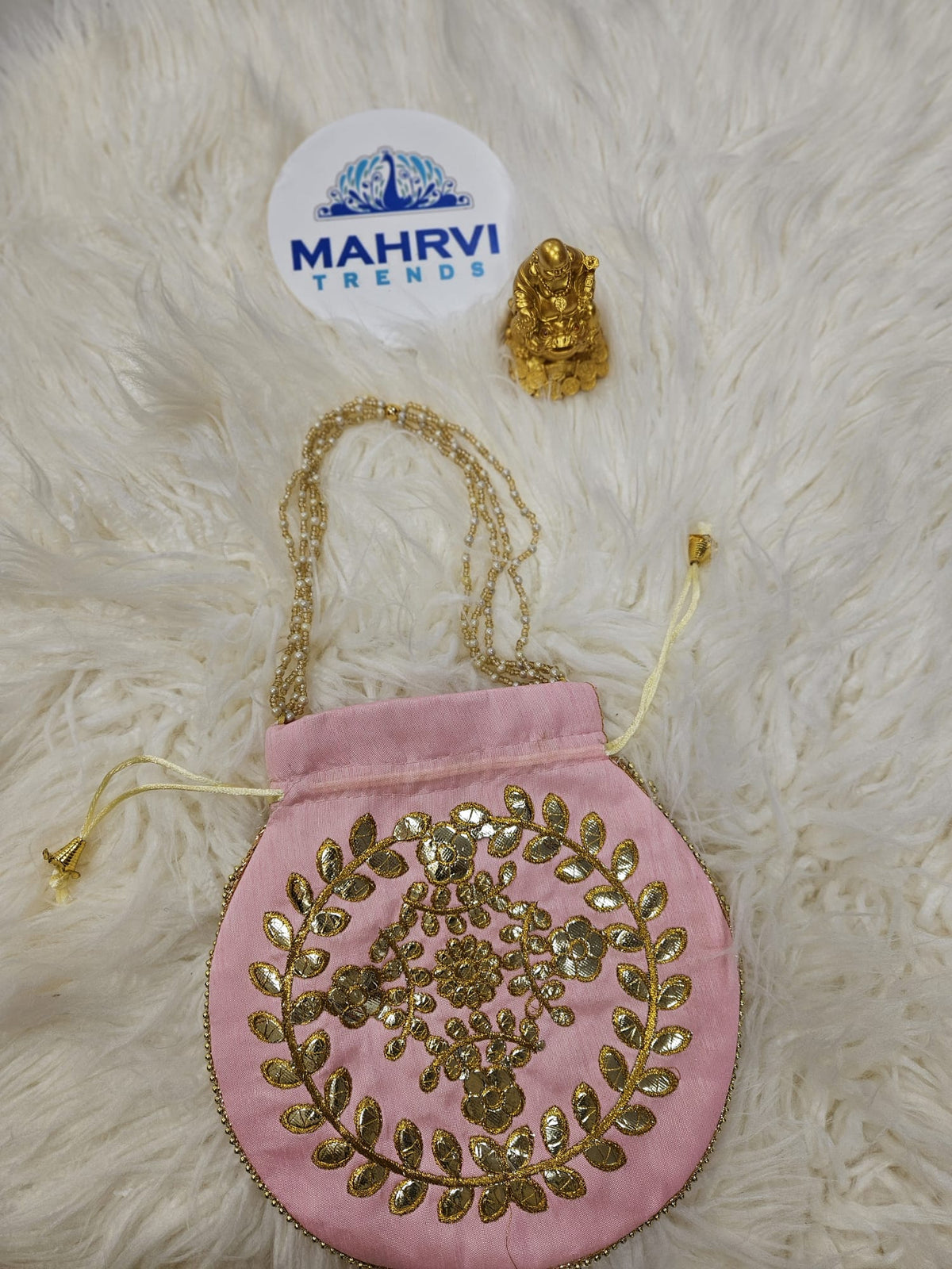 Floral Embroidered Silk Potli Bag with Pearl Handle