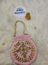 Floral Embroidered Silk Potli Bag with Pearl Handle