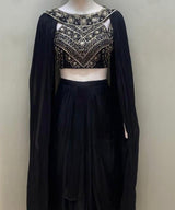Black Embroidered Draped Skirt Set with Cape Sleeves – Statement Evening Wear