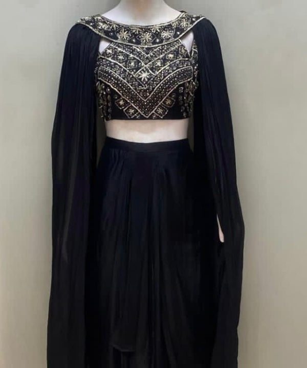 Black Embroidered Draped Skirt Set with Cape Sleeves – Statement Evening Wear