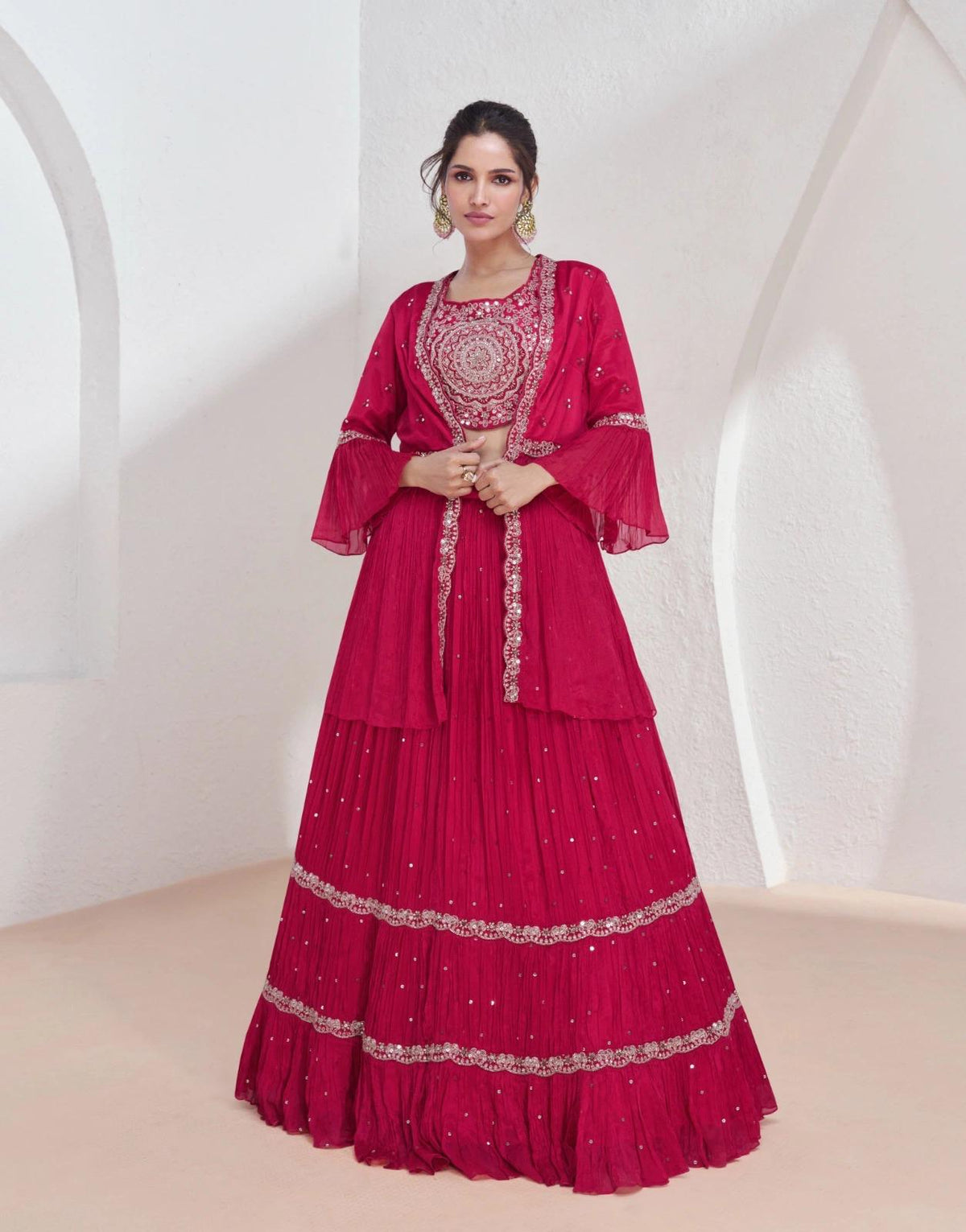 Rani Pink Embroidered Lehenga Set with Cape-Style Jacket