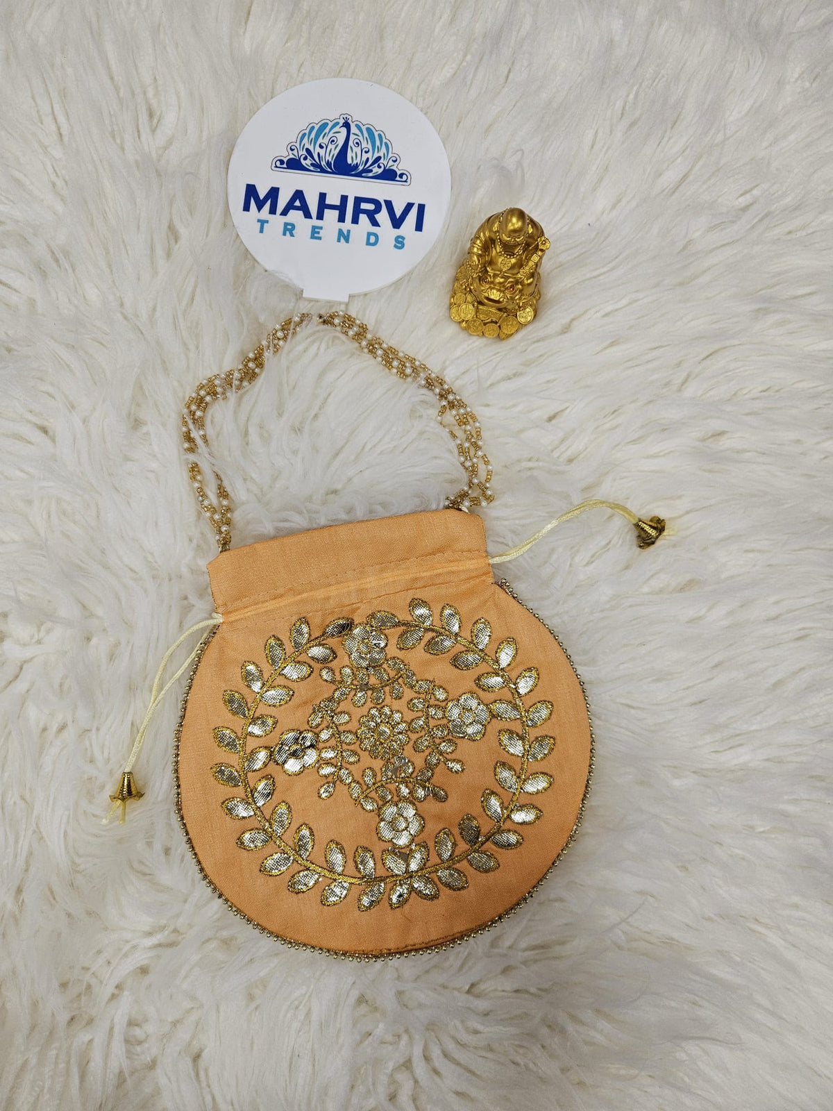 Floral Embroidered Silk Potli Bag with Pearl Handle