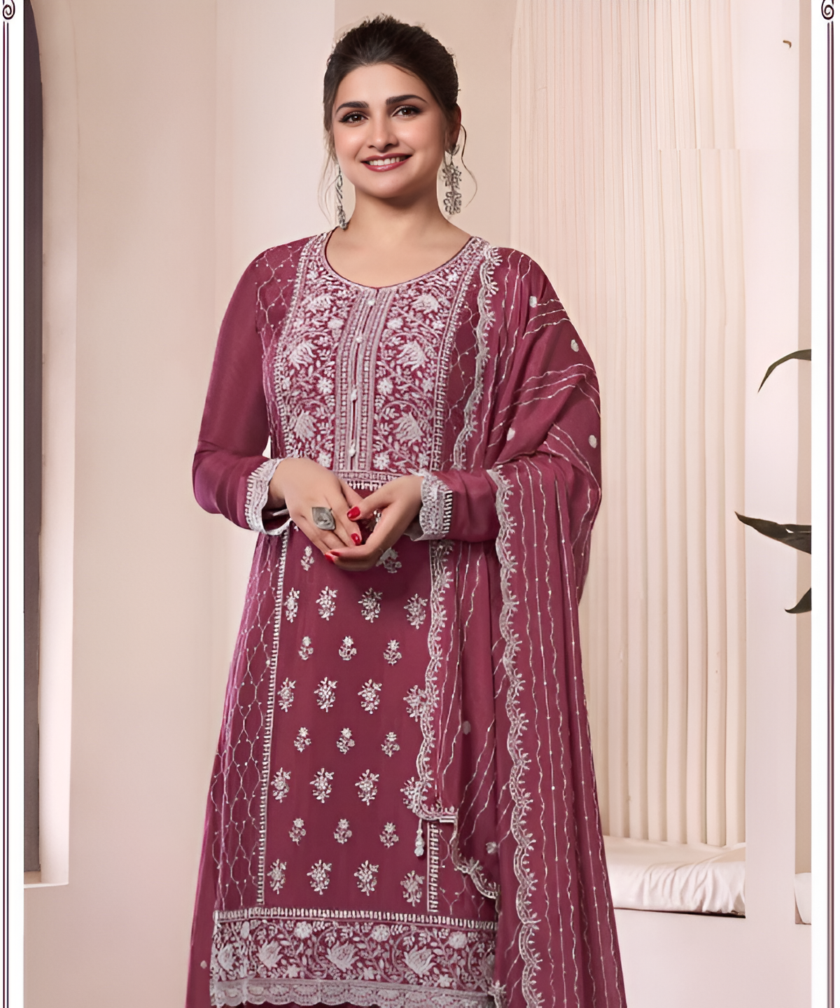 Chinon Embroidered Salwar Suit Set with Dupatta