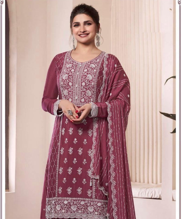 Chinon Embroidered Salwar Suit Set with Dupatta