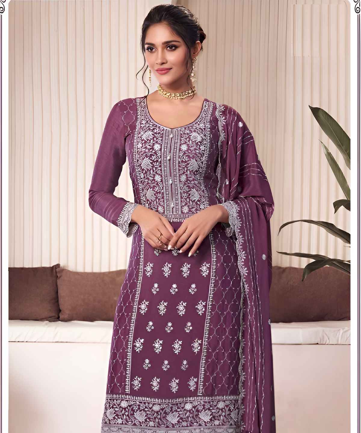 Chinon Embroidered Salwar Suit Set with Dupatta