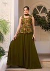 Olive Green Floral Peplum Top with Flared Palazzo Skirt Set
