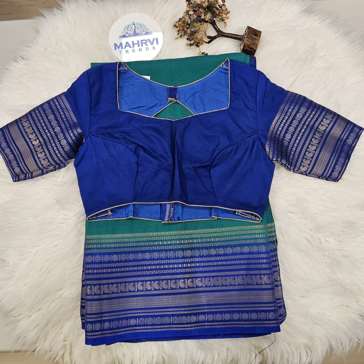 Royal Blue Designer Blouse with Green Banarasi Saree – Traditional Silk Saree Set