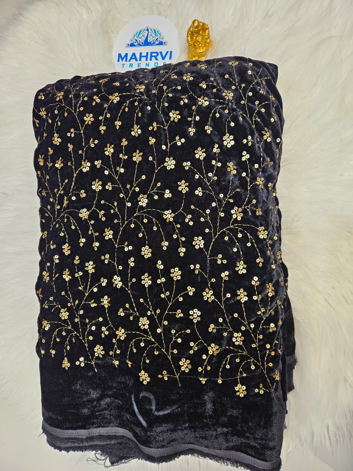 Embroidered Velvet Fabric | Sequin Floral Vine Design | Luxury Velvet for Bridal & Festive Wear