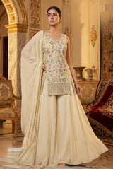 Ivory Floral Embroidered Sharara Set with Gold Border Dupatta