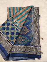 Navy Blue Puff Sleeve Designer Blouse with Heritage Print Saree – Elegant Ethnic Saree Set