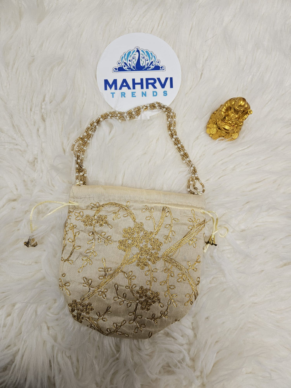 Floral Embroidered Silk Potli Bag with Pearl Handle