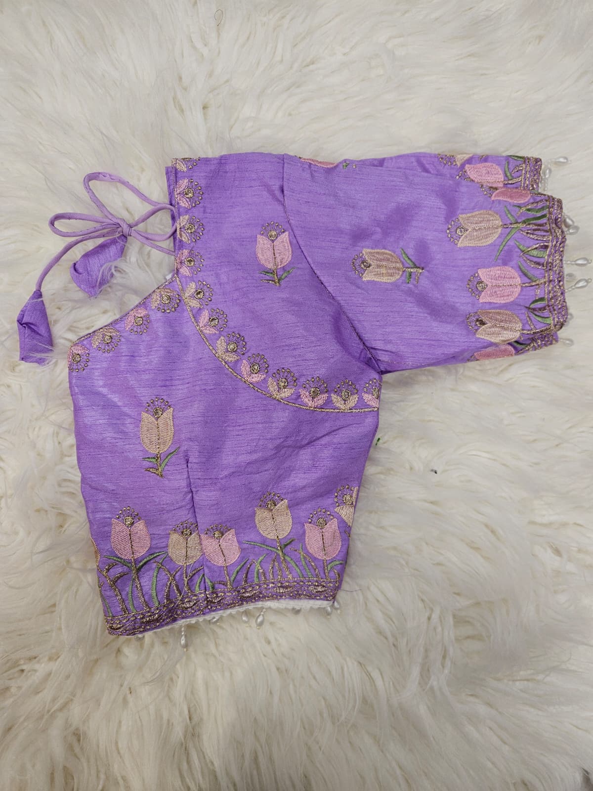 Lavender Embroidered Designer Blouse with Floral Organza Saree – Elegant Party Wear Saree Set