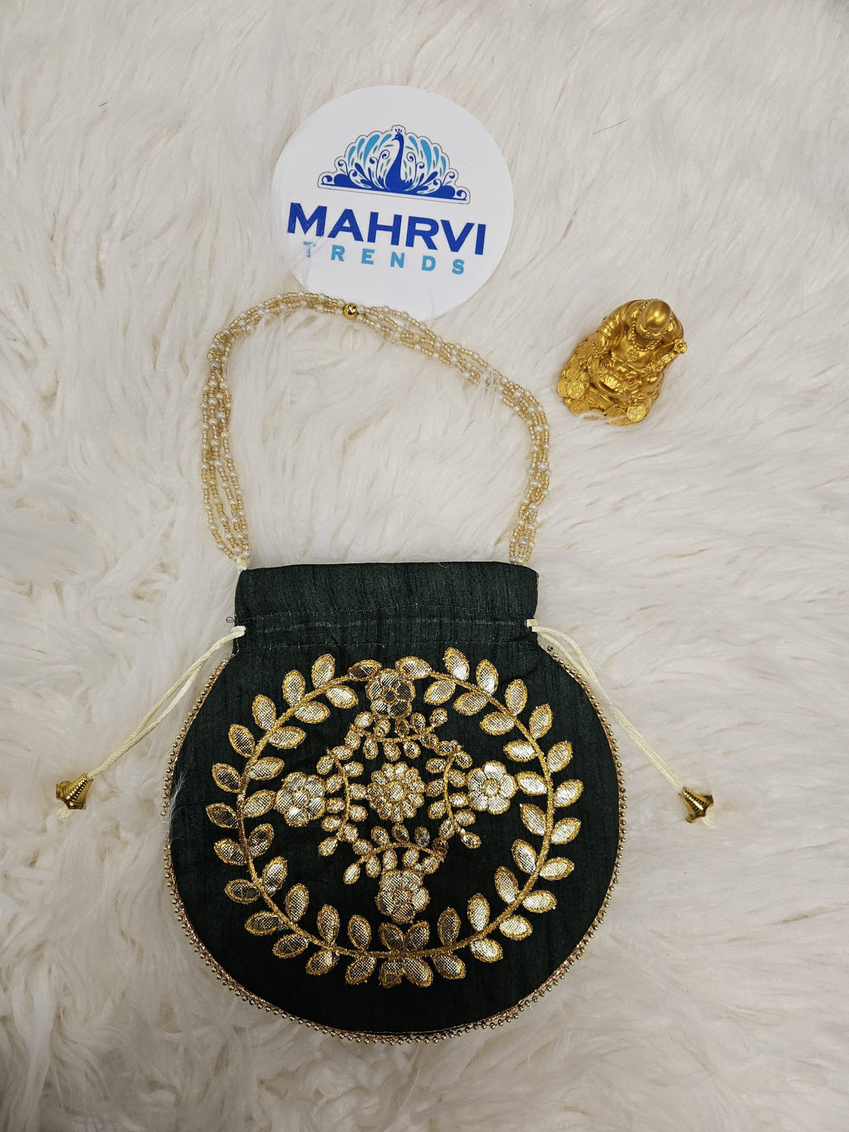 Floral Embroidered Silk Potli Bag with Pearl Handle