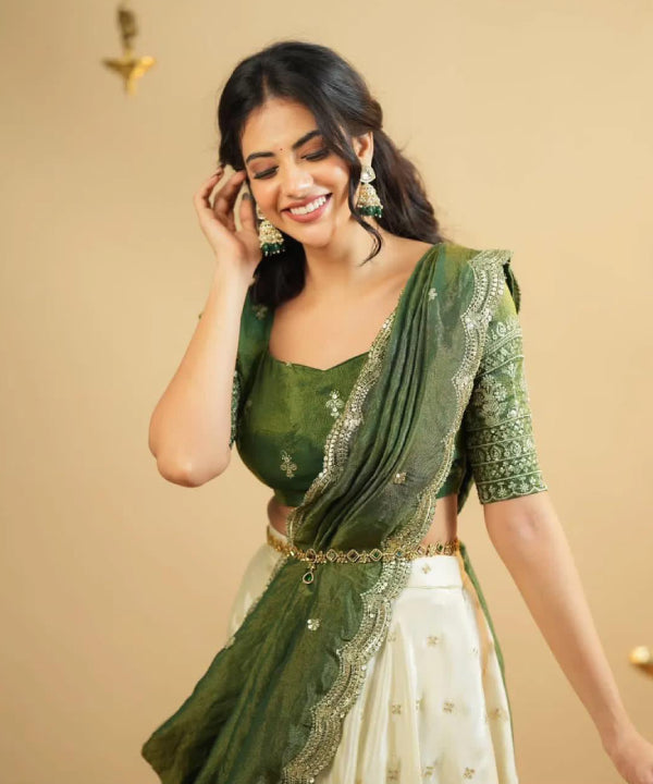 Emerald Ivory Draped Lehenga Set