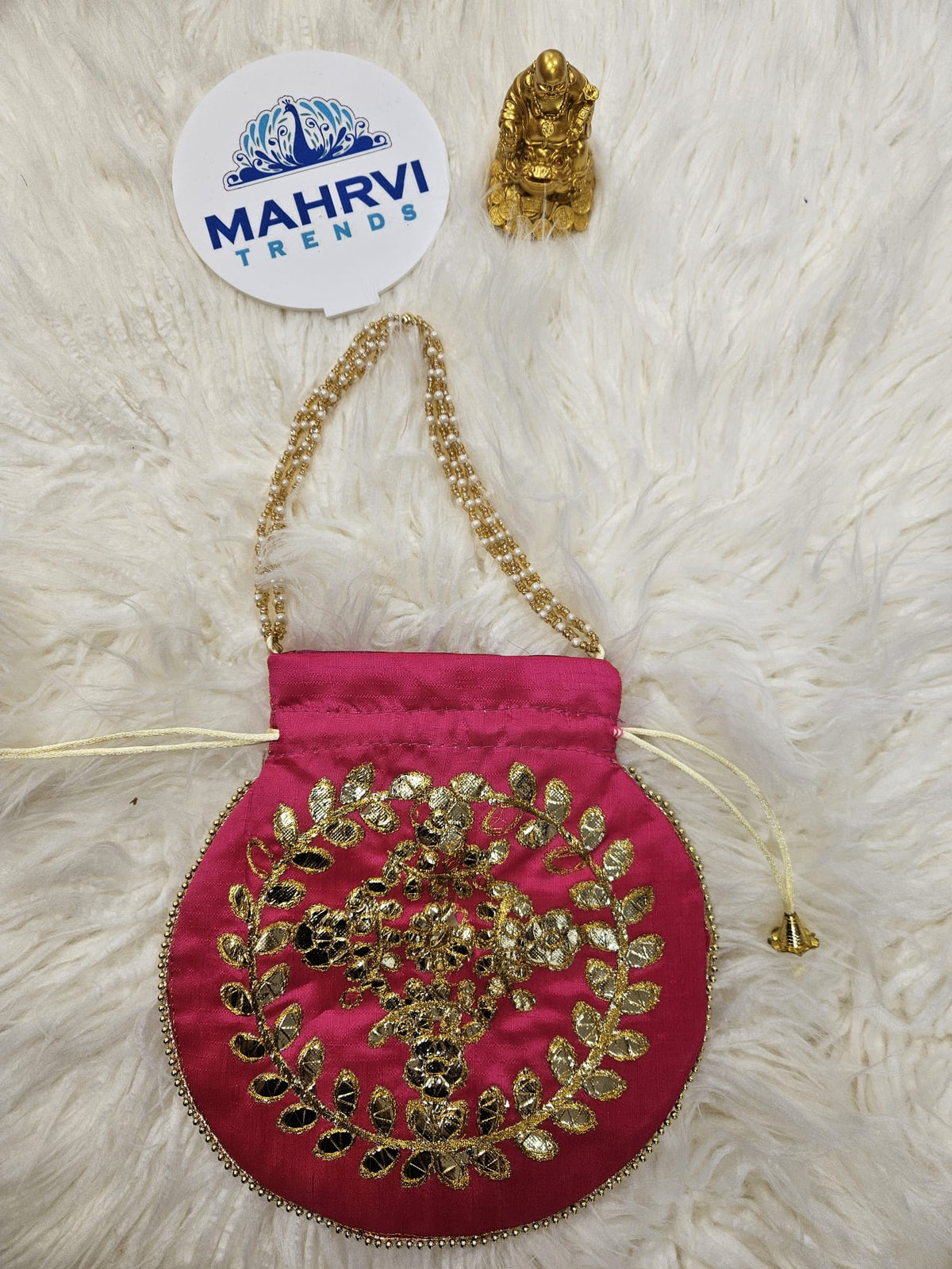 Floral Embroidered Silk Potli Bag with Pearl Handle