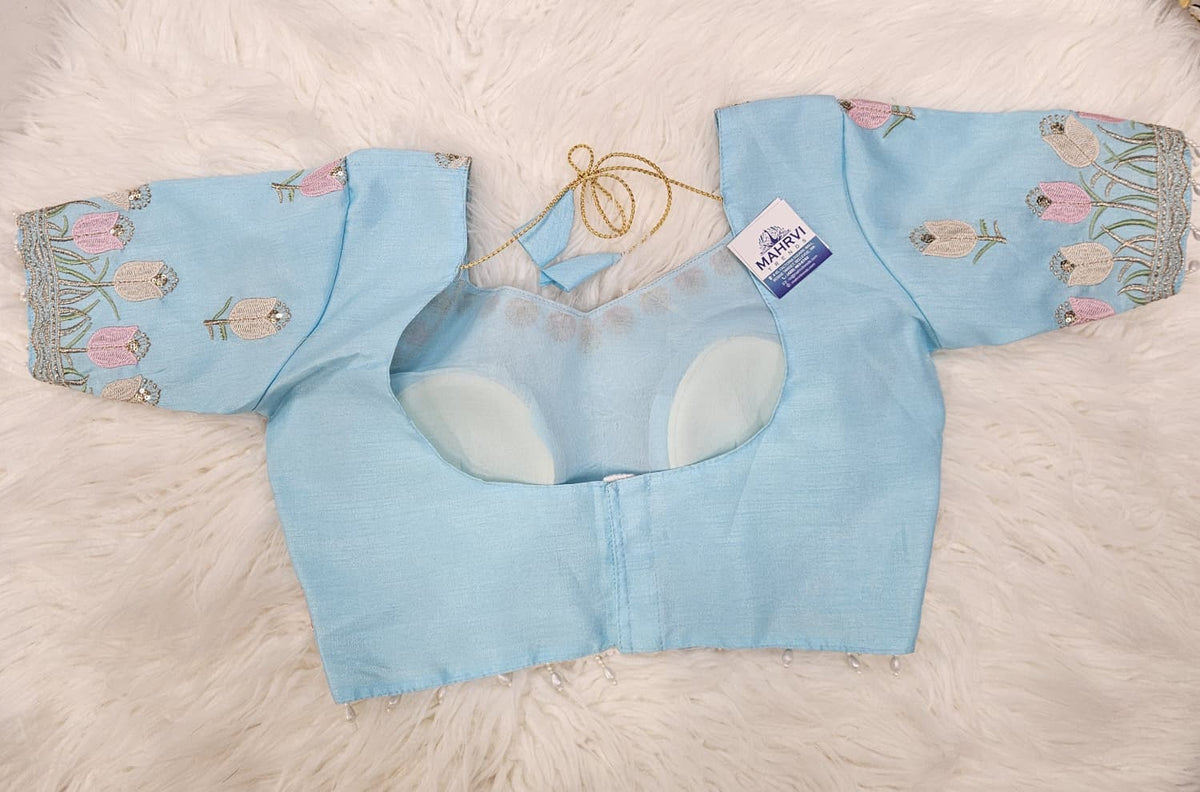 Sky Blue Embroidered Designer Blouse with Floral Organza Saree – Elegant Party Wear Saree Set