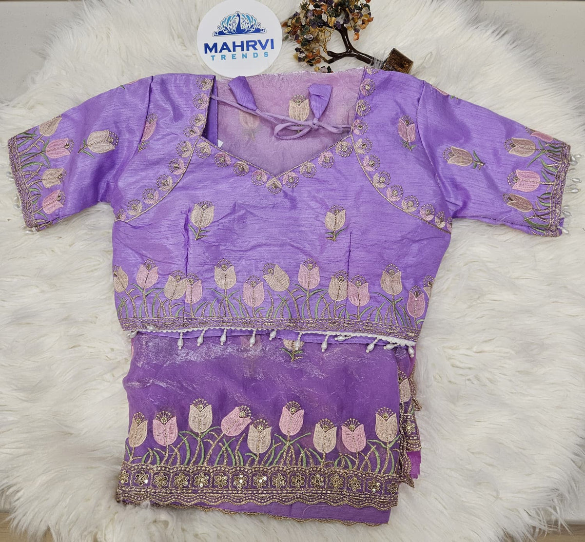 Lavender Embroidered Designer Blouse with Floral Organza Saree – Elegant Party Wear Saree Set