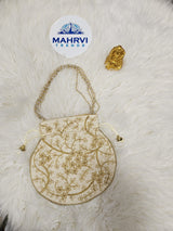 Floral Embroidered Satin Potli Bag with Pearl Handle