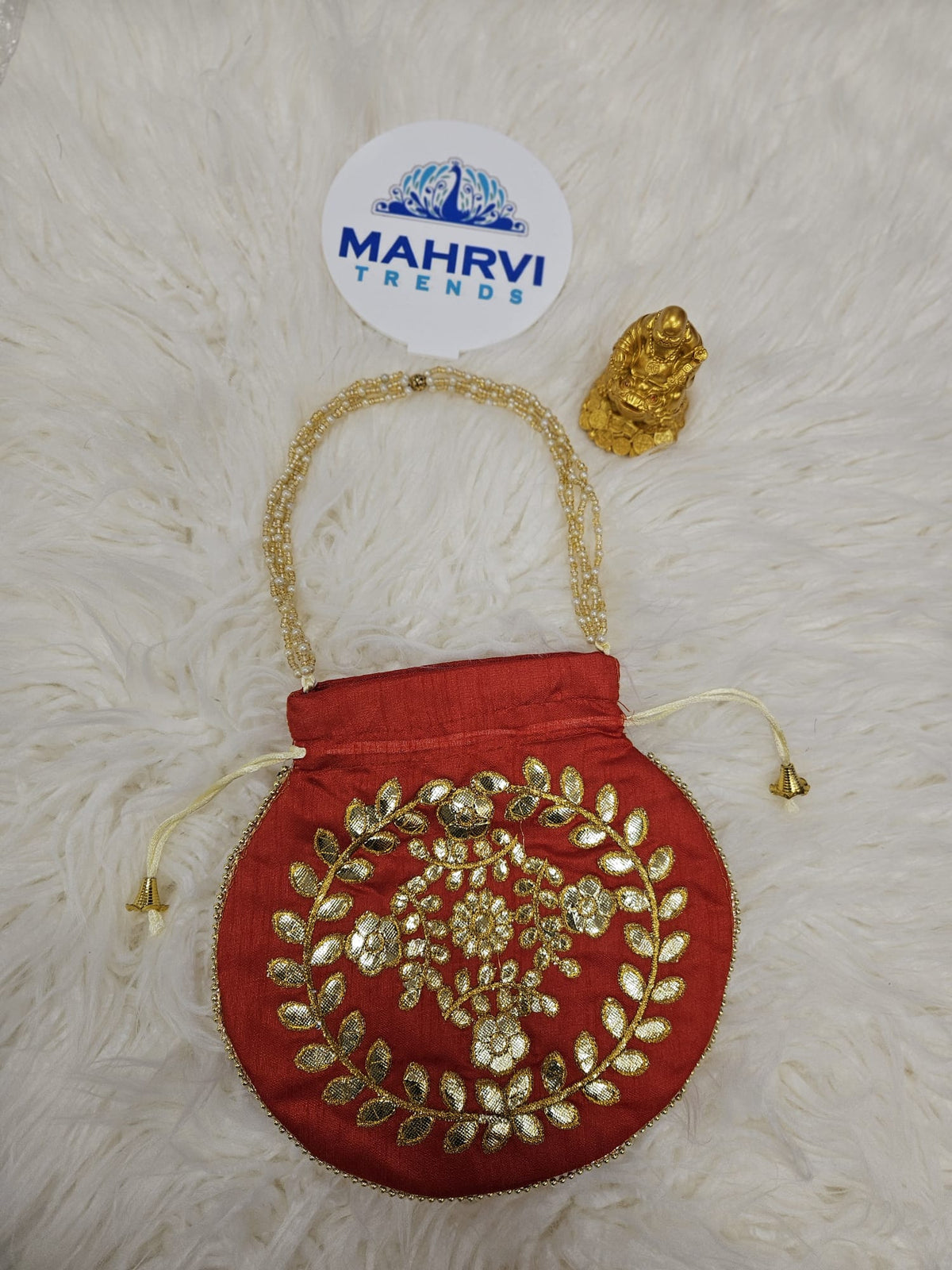 Floral Embroidered Silk Potli Bag with Pearl Handle