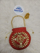 Floral Embroidered Silk Potli Bag with Pearl Handle