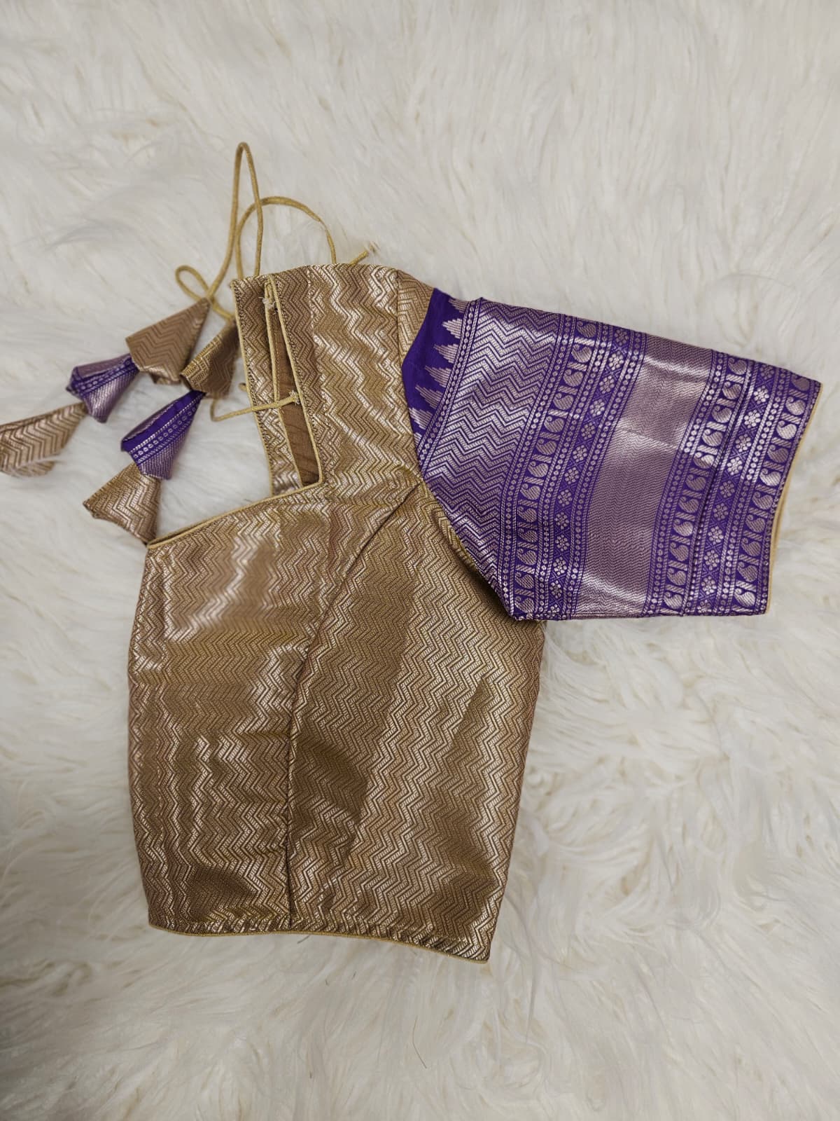 Gold Brocade Blouse with Olive Green & Purple Banarasi Saree – Elegant Traditional Indian Saree Set