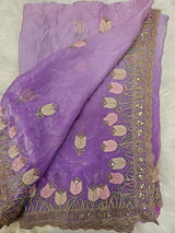 Lavender Embroidered Designer Blouse with Floral Organza Saree – Elegant Party Wear Saree Set