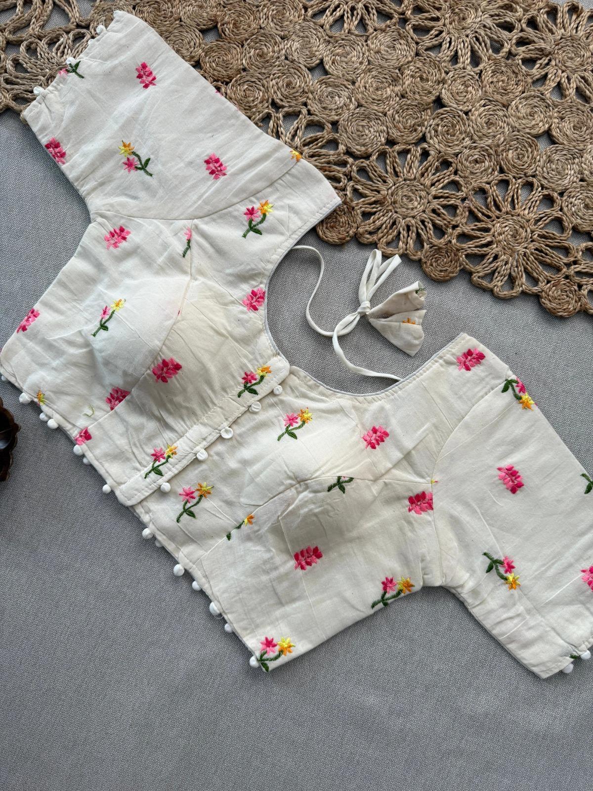 Cotton Saree with Multicolor Floral Embroidered Blouse – Mahrvi Trends