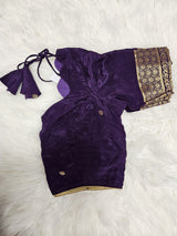 Purple Designer Blouse with Mustard Yellow Banarasi Saree – Traditional Festive Saree Set