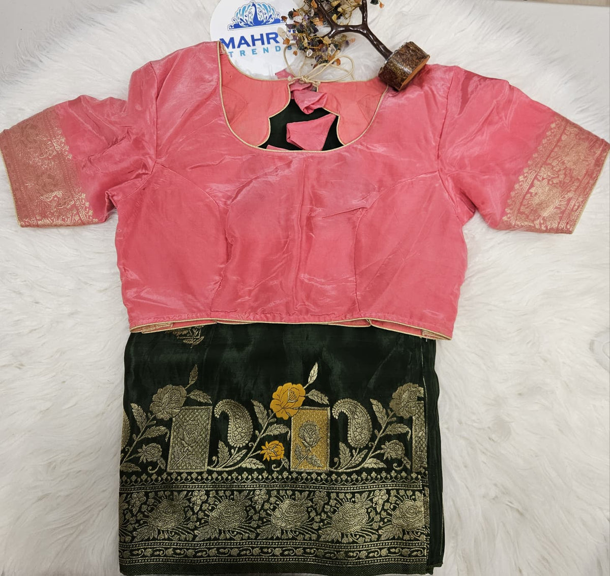 Baby Pink Designer Blouse with Dark Green Banarasi Saree – Elegant Traditional Saree Set