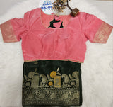 Baby Pink Designer Blouse with Dark Green Banarasi Saree – Elegant Traditional Saree Set