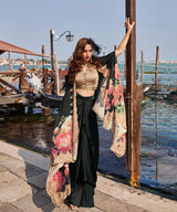Elegant Draped Skirt Set with Floral Cape
