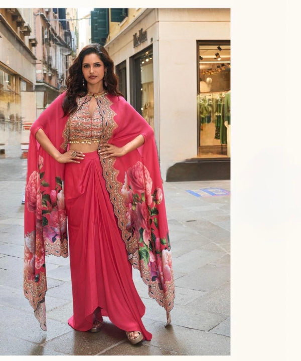 Elegant Draped Skirt Set with Floral Cape