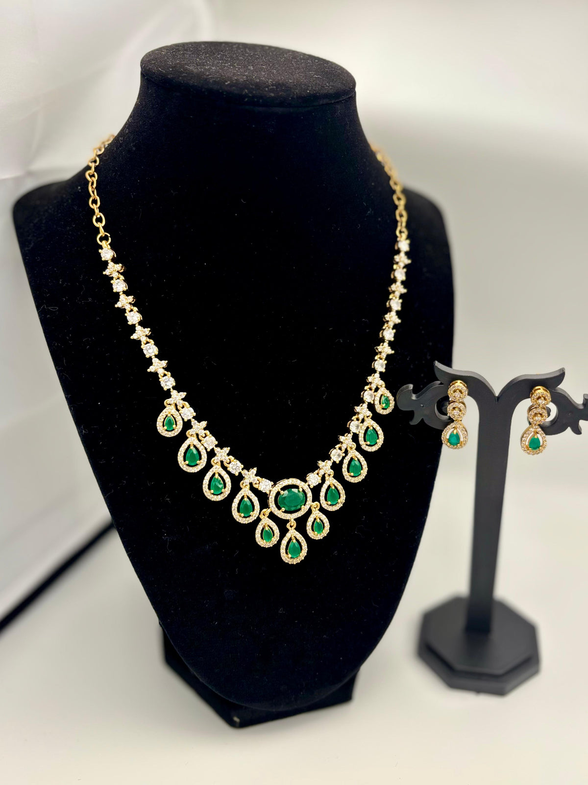 Emerald Teardrop Statement Necklace Set with CZ Diamonds