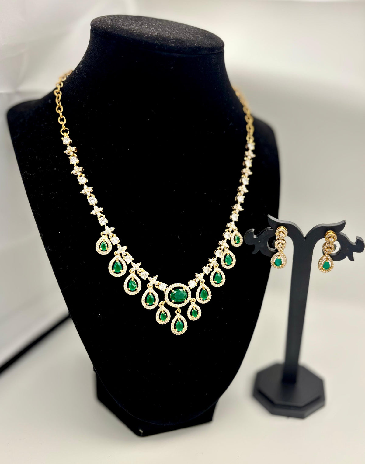Emerald Teardrop Statement Necklace Set with CZ Diamonds