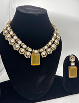 Antique Gold Kundan Necklace Set with Statement Amber Pendant